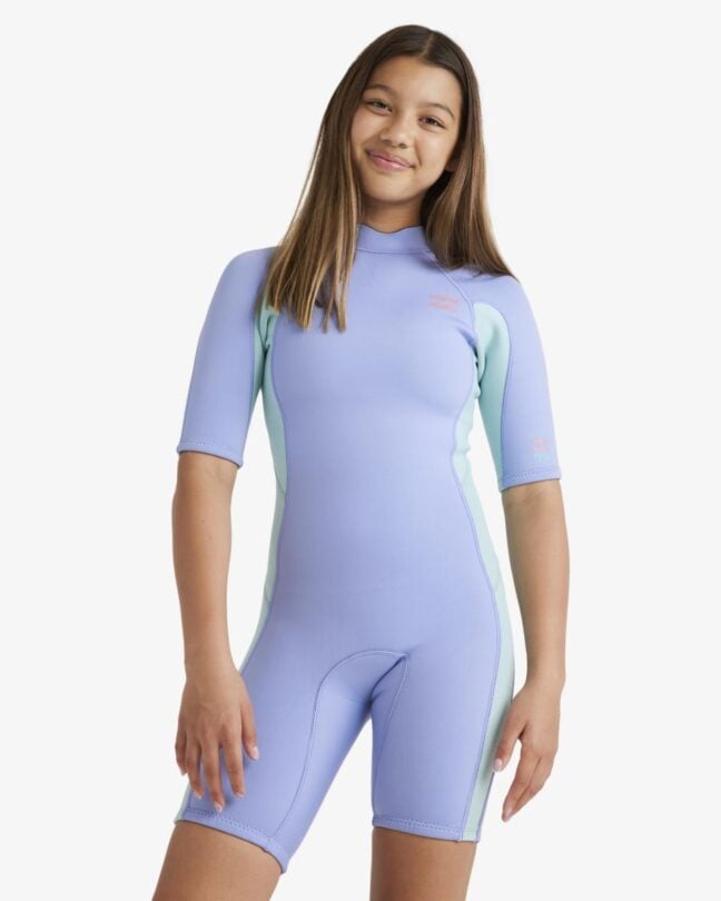Billabong Girls 6-16 2/2mm Foil Front Zip Short Sleeve Springsuit Cosmic Blue. Billabong Springsuits in Girls Springsuits & Girls Wetsuits. Code: ABGW400108