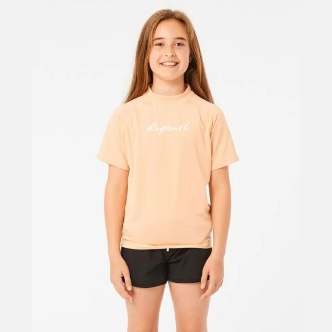 Rip Curl Short Sleeve Script Rash Vest - Girl (8- 16 Years) PEACH ...