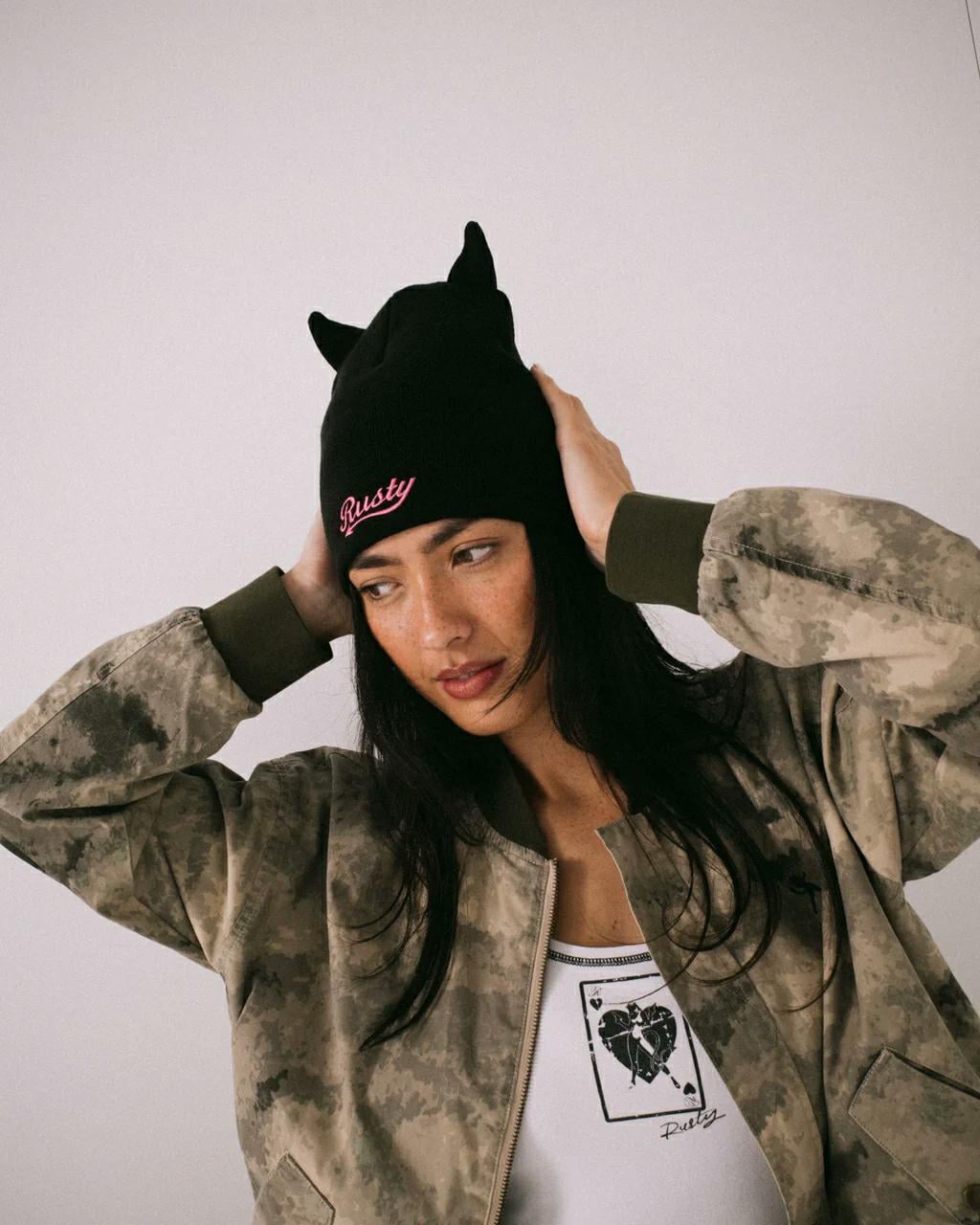 Rusty Horny Devil Beanie Black. Rusty Beanies And Scarves in Womens Beanies And Scarves & Womens Headwear. Code: HBL0367
