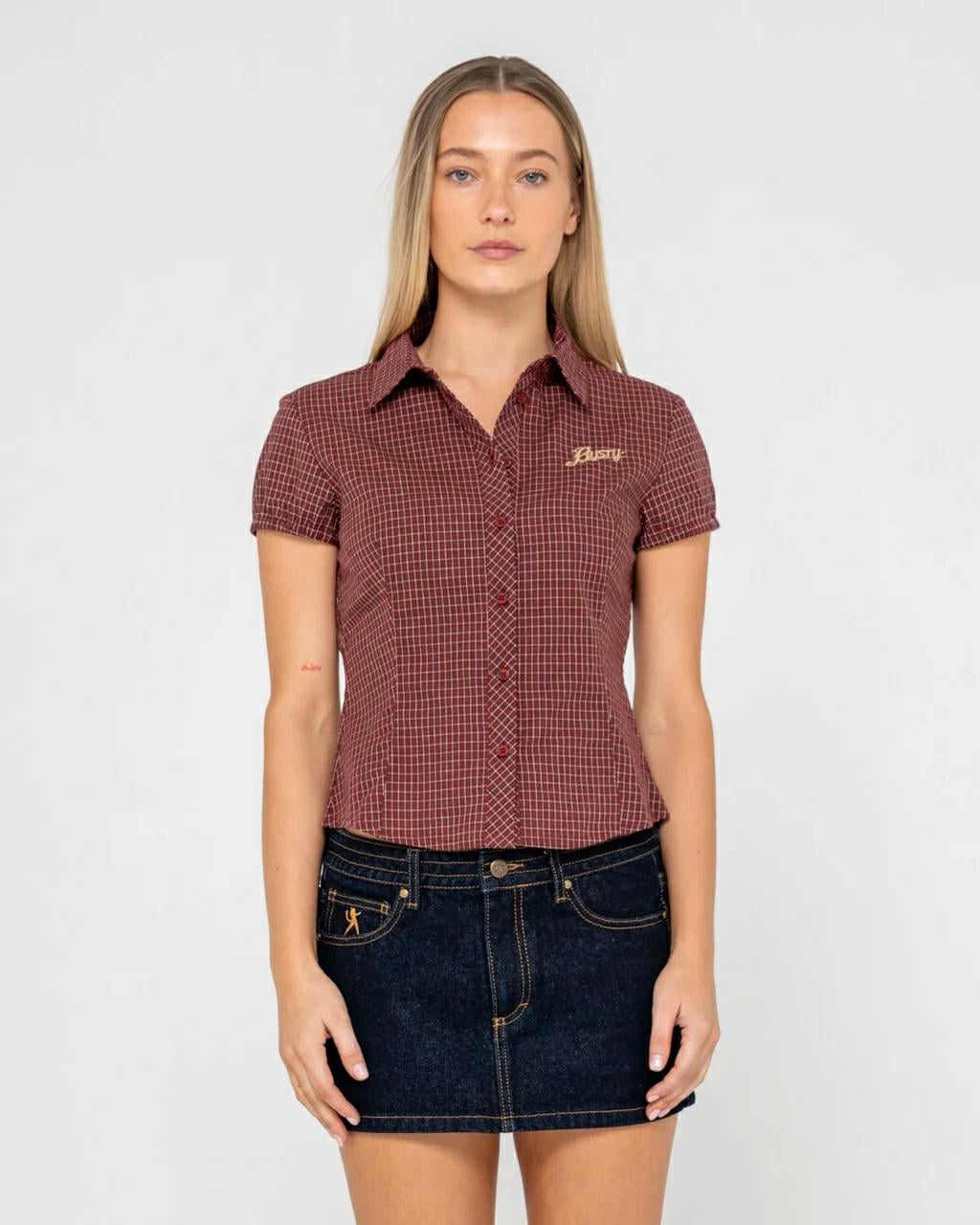 Rusty Missy May Check Shirt Burgundy. Rusty Shirts - Short Sleeve in Womens Shirts - Short Sleeve & Womens Shirts. Code: WSL0872