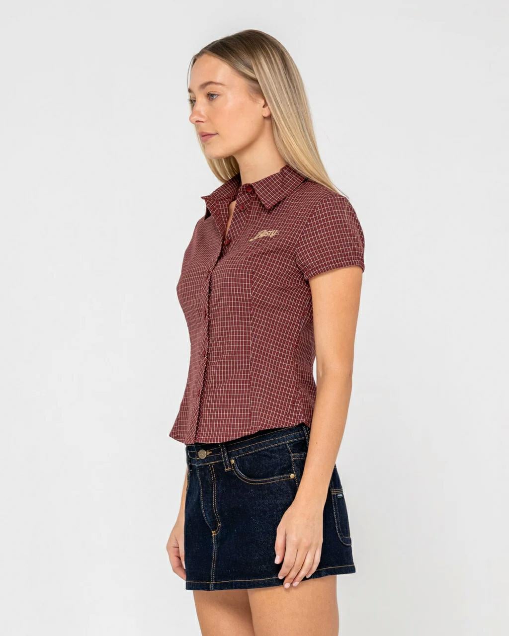 Rusty Missy May Check Shirt Burgundy. Rusty Shirts - Short Sleeve in Womens Shirts - Short Sleeve & Womens Shirts. Code: WSL0872