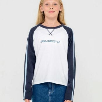 Rusty Sporty R Raglan Ls Girls Navy / White. Rusty Tees - Long Sleeve in Girls Tees - Long Sleeve & Girls T-shirts & Singlets. Code: TTG0097