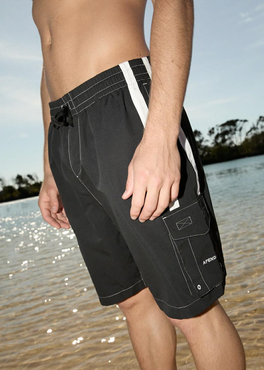 Afends House Related- Cargo Swim Short 20" Black. Afends Boardshorts - Elastic Waist in Mens Boardshorts - Elastic Waist & Mens Shorts. Code: M240316